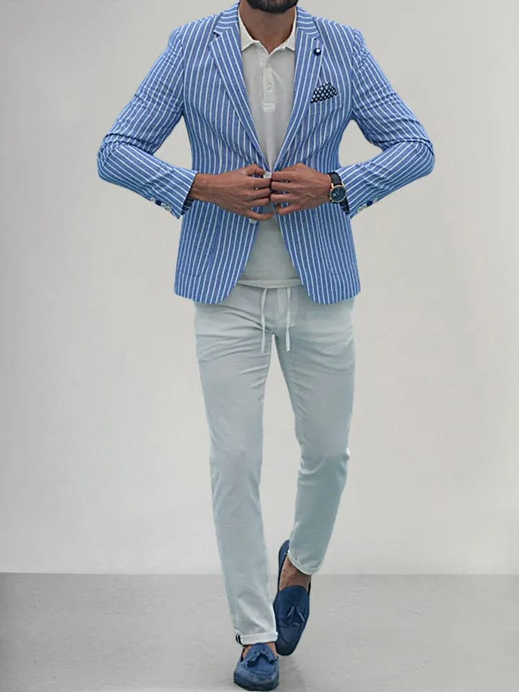 Casual Linen Style Lapel Striped Blazer