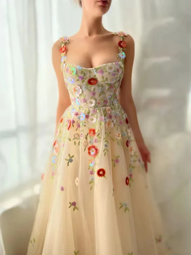 Champagne A Line Tulle Floral Long Prom Dresses, Champagne Formal Graduation Evening Dresses with 3D Flowers