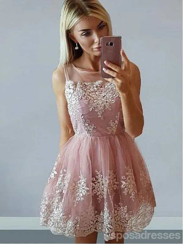 Cheap Cute Pink Scoop Straps Lace Homecoming Dresses 2018, CM473