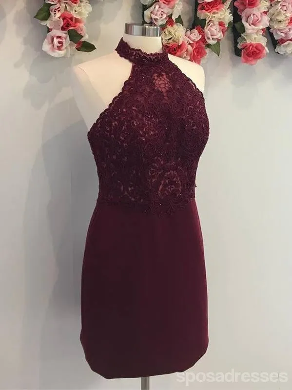 Cheap Halter Maroon Lace Short Homecoming Dresses Online, CM675