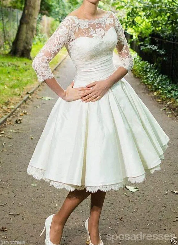 Cheap Long Sleeve Lace Illusion Short Wedding Dresses Online, WD333