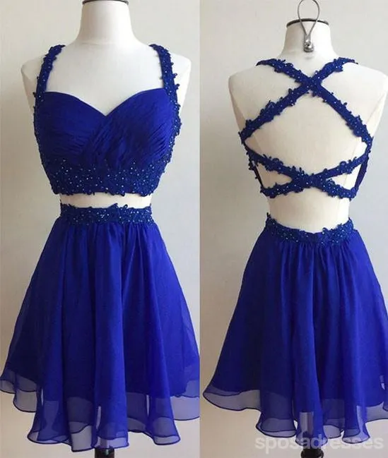 Chiffon Short Cheap Royal Blue Two Piece Homecoming Dresses 2018, CM461