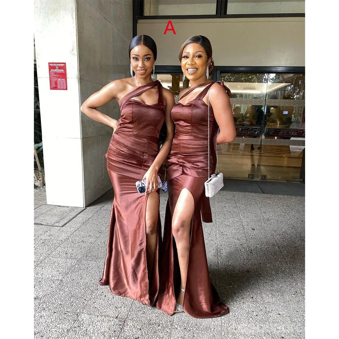 Chocolate Mermaid One Shoulder High Slit Long Bridesmaid Dresses Gown Online,WG1132