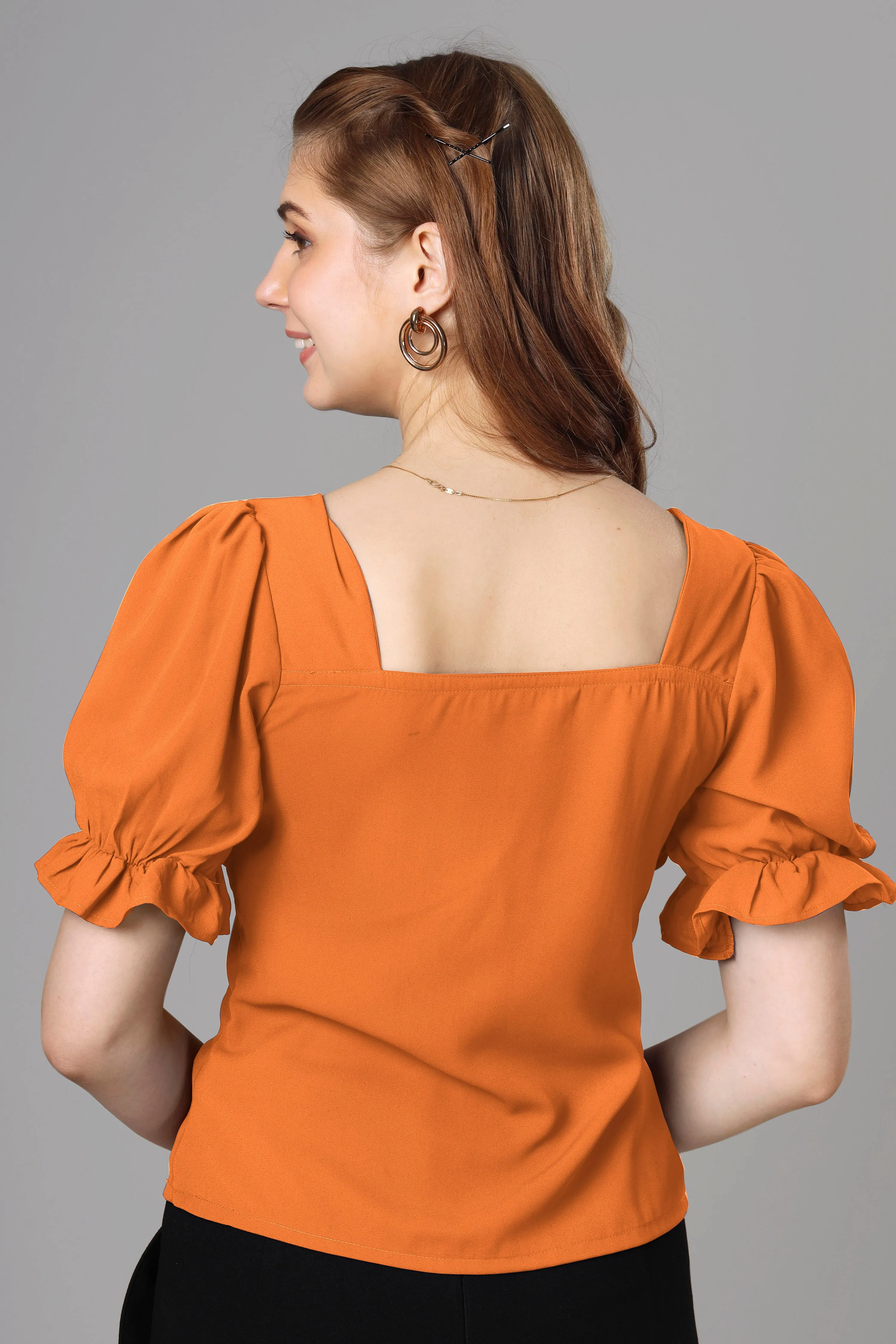 Classic Orange Half Pleated Top For Women