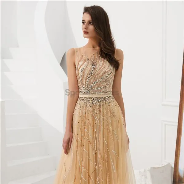 Cowl See Through Gold Beaded A-line Evening Prom Dresses, Evening Party Prom Dresses, 12093