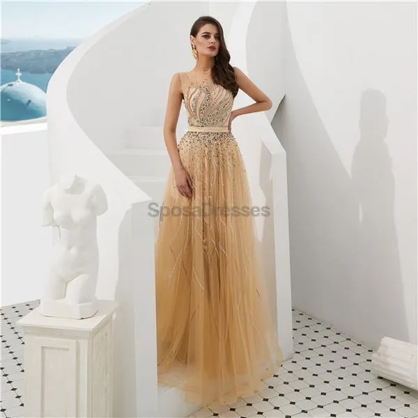 Cowl See Through Gold Beaded A-line Evening Prom Dresses, Evening Party Prom Dresses, 12093