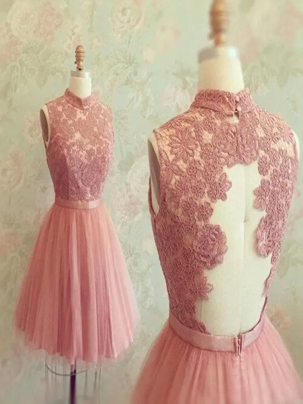 Custom Made A Line High Neck Short Lace Prom Dresses, Short Lace Graduation/ Homecoming/Bridesmaid Dress