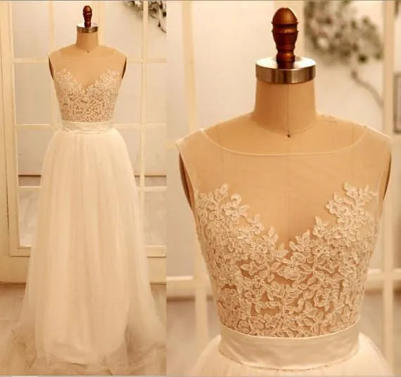 Custom Made A Line Round Neckline Lace Wedding Dresses, Deep V Neck Back Prom Dress, Ivory Dresses For Wedding