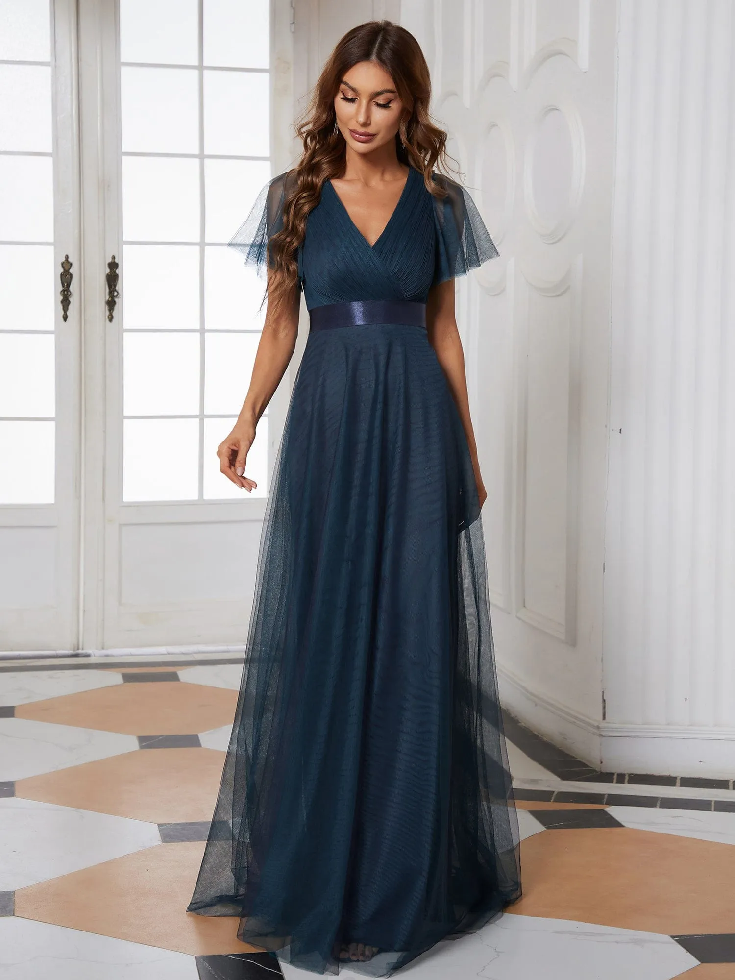 Custom Size Double V-Neck Floor-Length Short Sleeve Tulle Bridesmaid Dresses