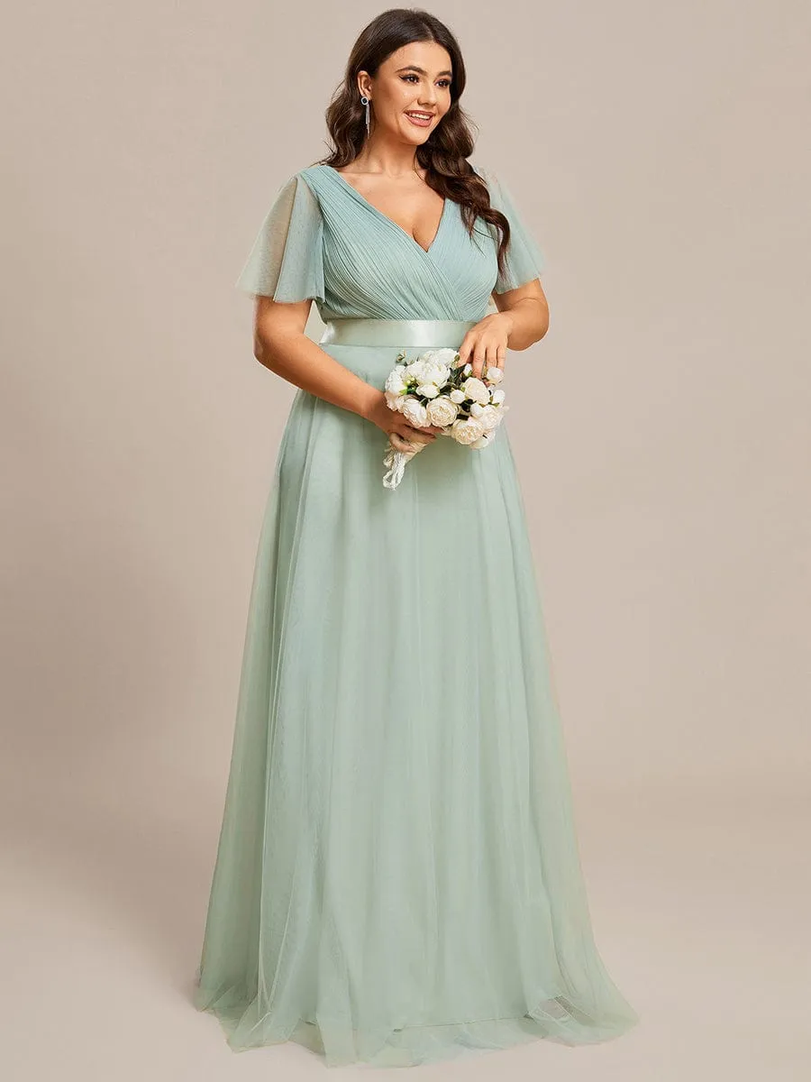 Custom Size Double V-Neck Floor-Length Short Sleeve Tulle Bridesmaid Dresses