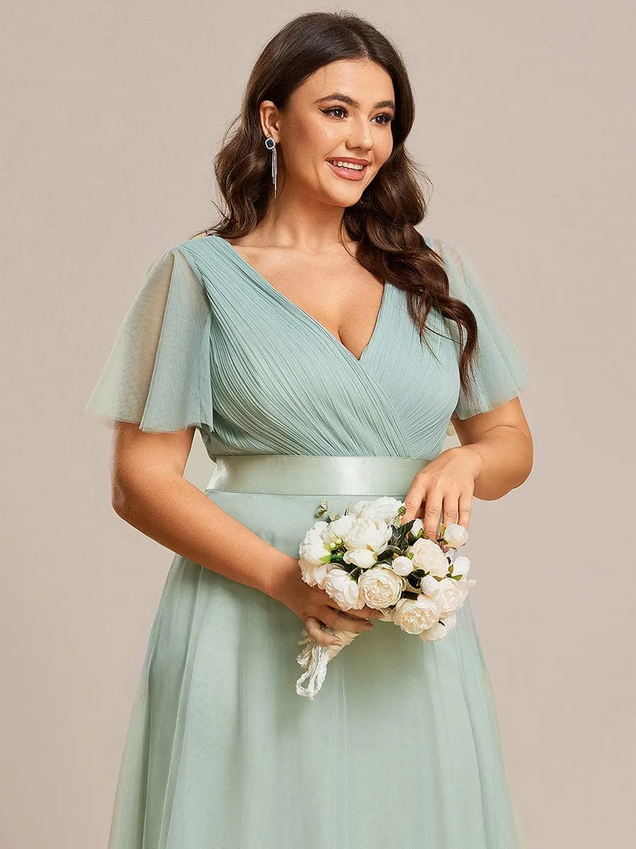 Custom Size Double V-Neck Floor-Length Short Sleeve Tulle Bridesmaid Dresses