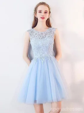 Cute Blue Illusion Lace Cheap Short Homecoming Dresses Online, CM537