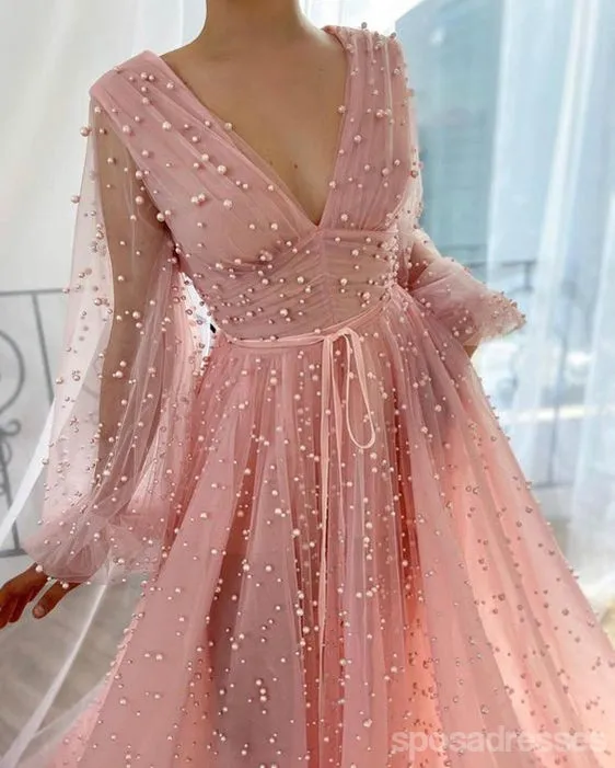 Cute Pink A-line V-neck Long Sleeves Maxi Long Party Prom Dresses,13276