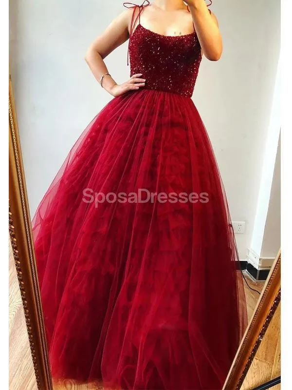 Dark Red Spaghetti Straps Beaded Ruffles Evening Prom Dresses, Evening Party Prom Dresses, 12279