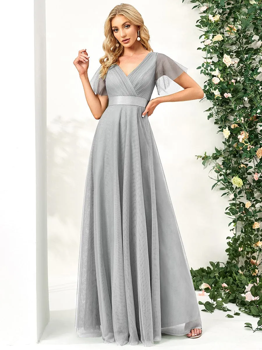 Double V-Neck Floor-Length Short Sleeve Tulle Bridesmaid Dresses