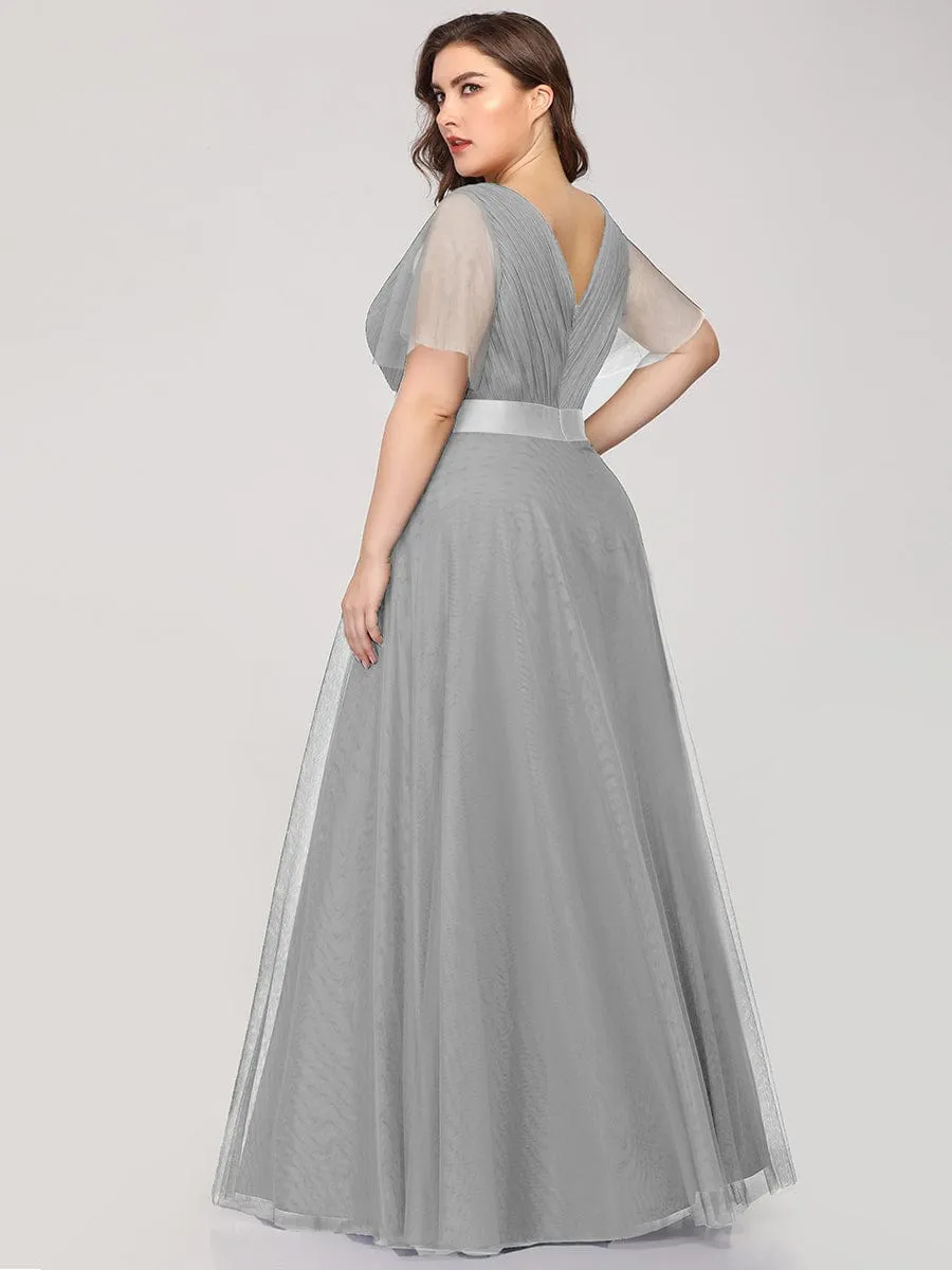 Double V-Neck Floor-Length Short Sleeve Tulle Bridesmaid Dresses