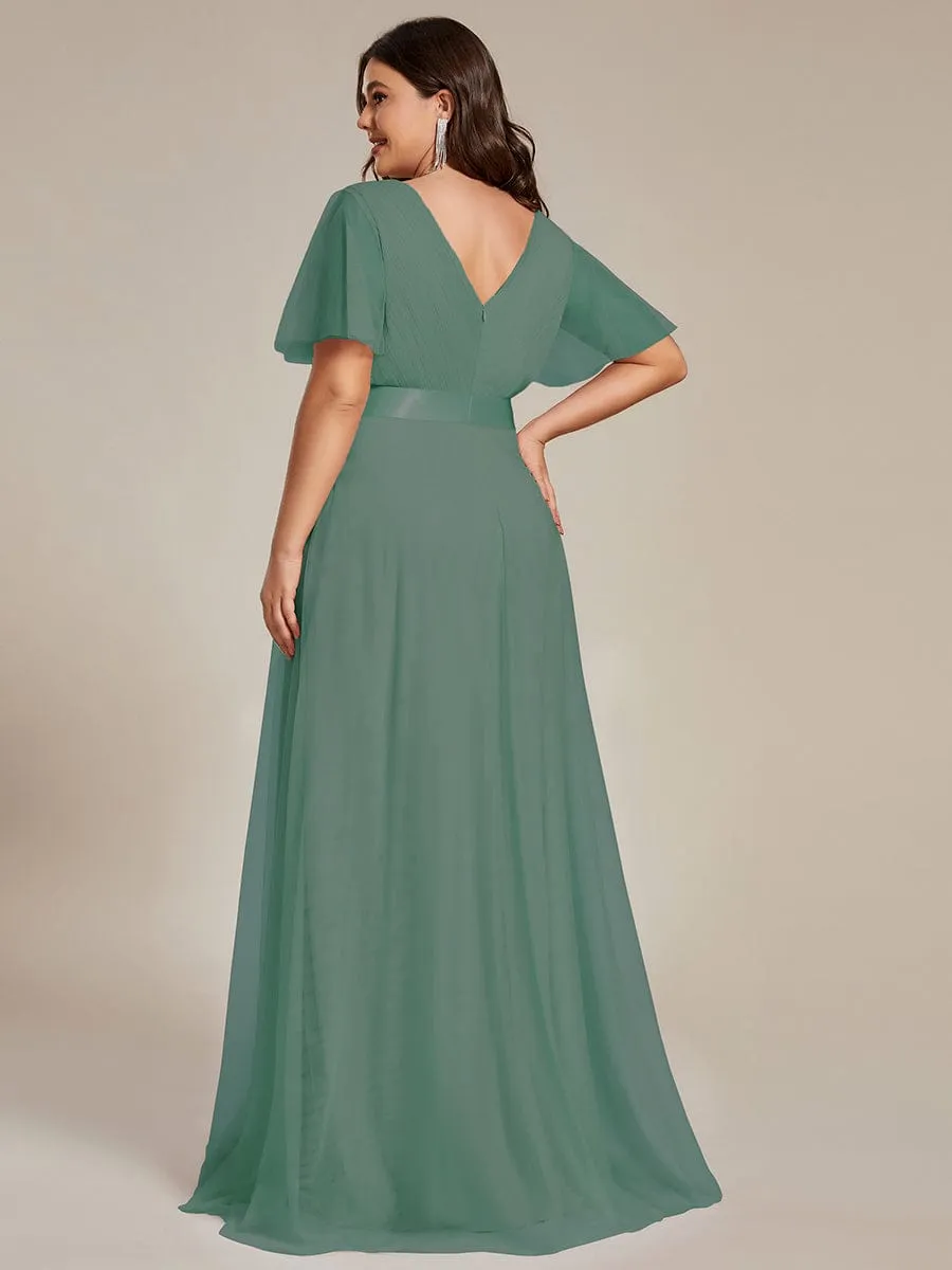 Double V-Neck Floor-Length Short Sleeve Tulle Bridesmaid Dresses