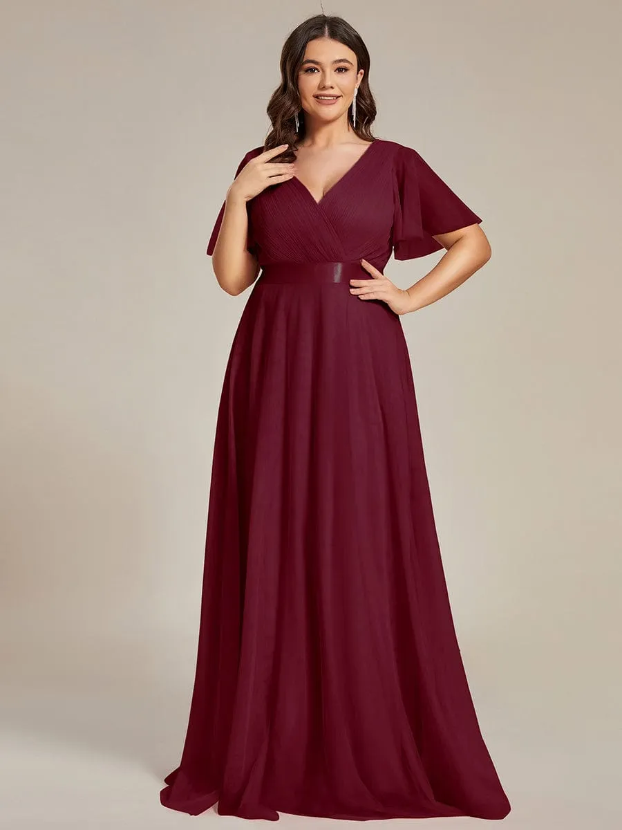 Double V-Neck Floor-Length Short Sleeve Tulle Bridesmaid Dresses