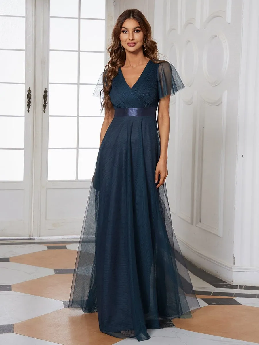 Double V-Neck Floor-Length Short Sleeve Tulle Bridesmaid Dresses