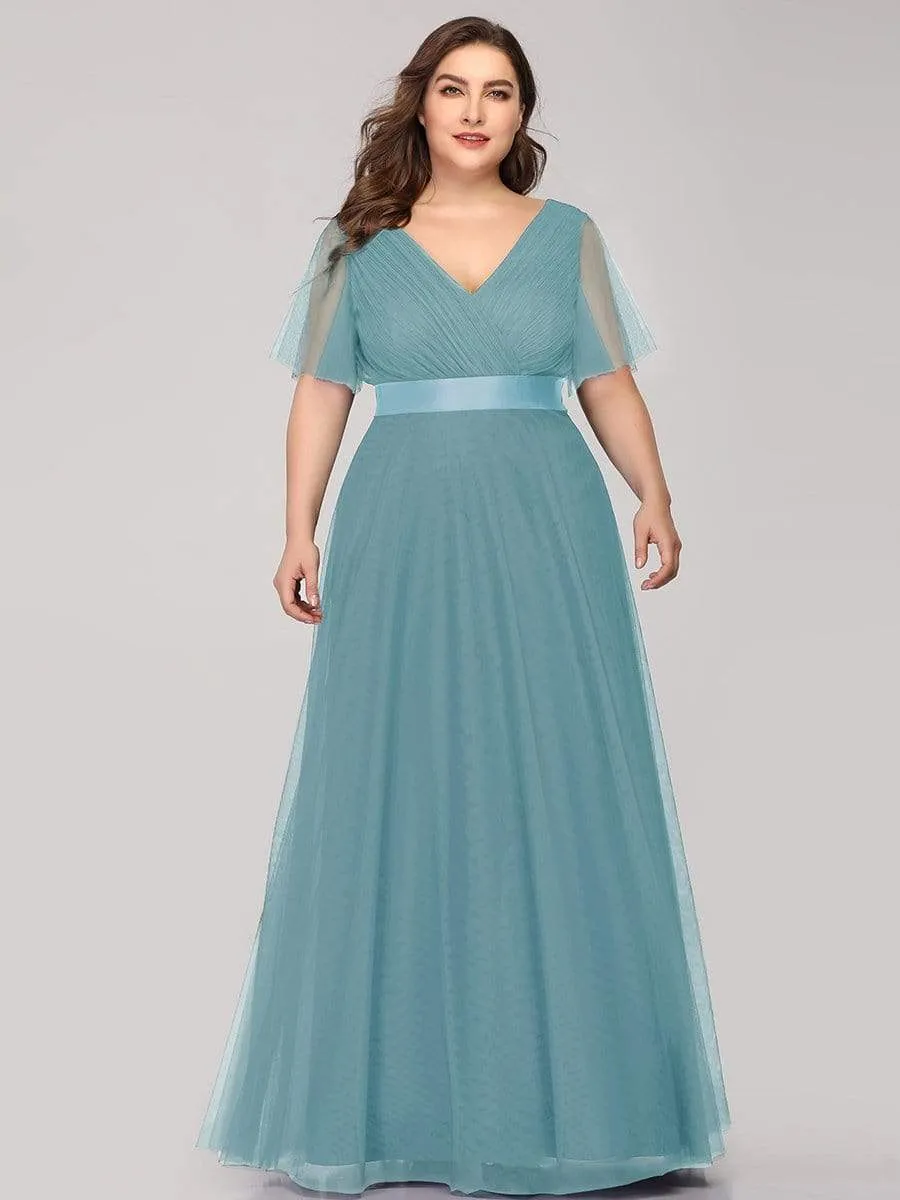 Double V-Neck Floor-Length Short Sleeve Tulle Bridesmaid Dresses