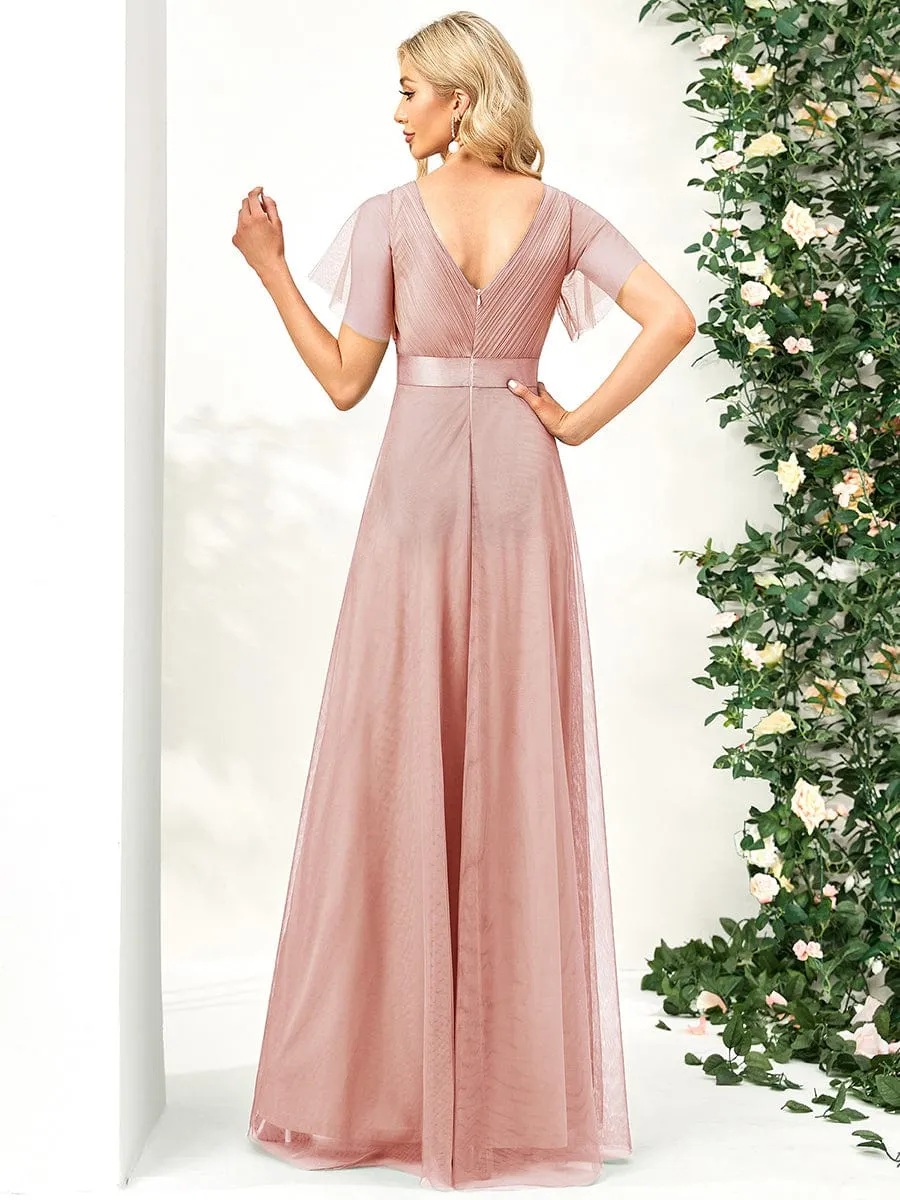 Double V-Neck Floor-Length Short Sleeve Tulle Bridesmaid Dresses