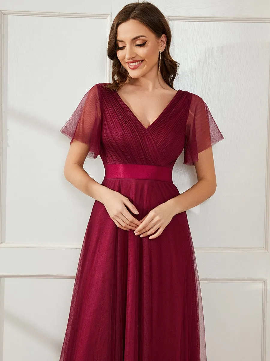 Double V-Neck Floor-Length Short Sleeve Tulle Bridesmaid Dresses