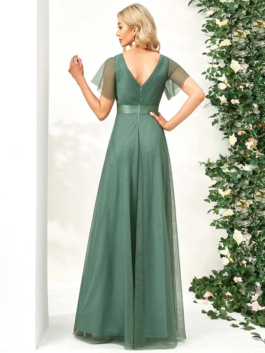 Double V-Neck Floor-Length Short Sleeve Tulle Bridesmaid Dresses