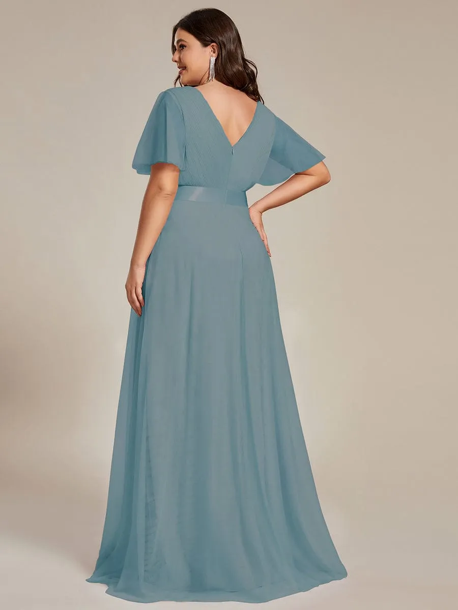 Double V-Neck Floor-Length Short Sleeve Tulle Bridesmaid Dresses