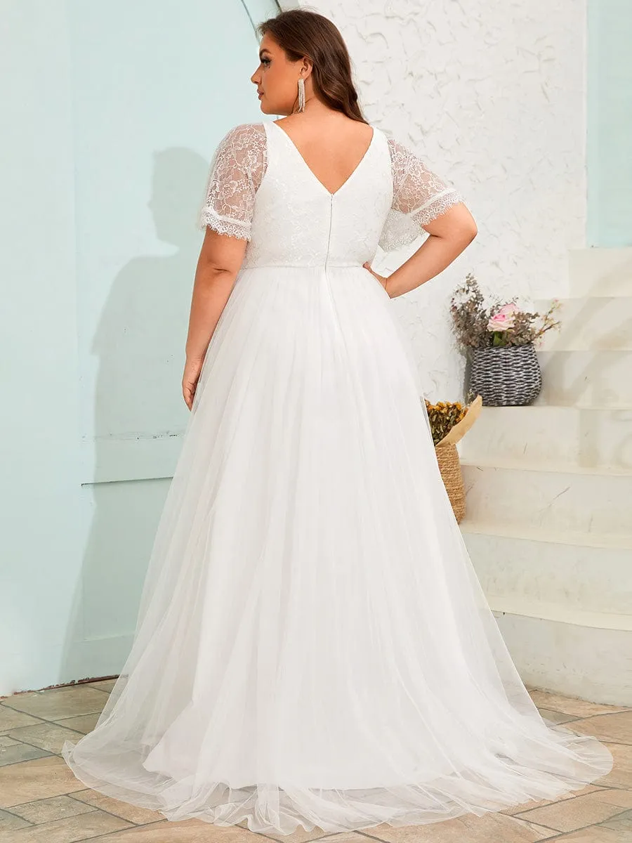 Dreamy Plus Size V-Neck Lace Short Sleeves Tulle Wedding Dresses