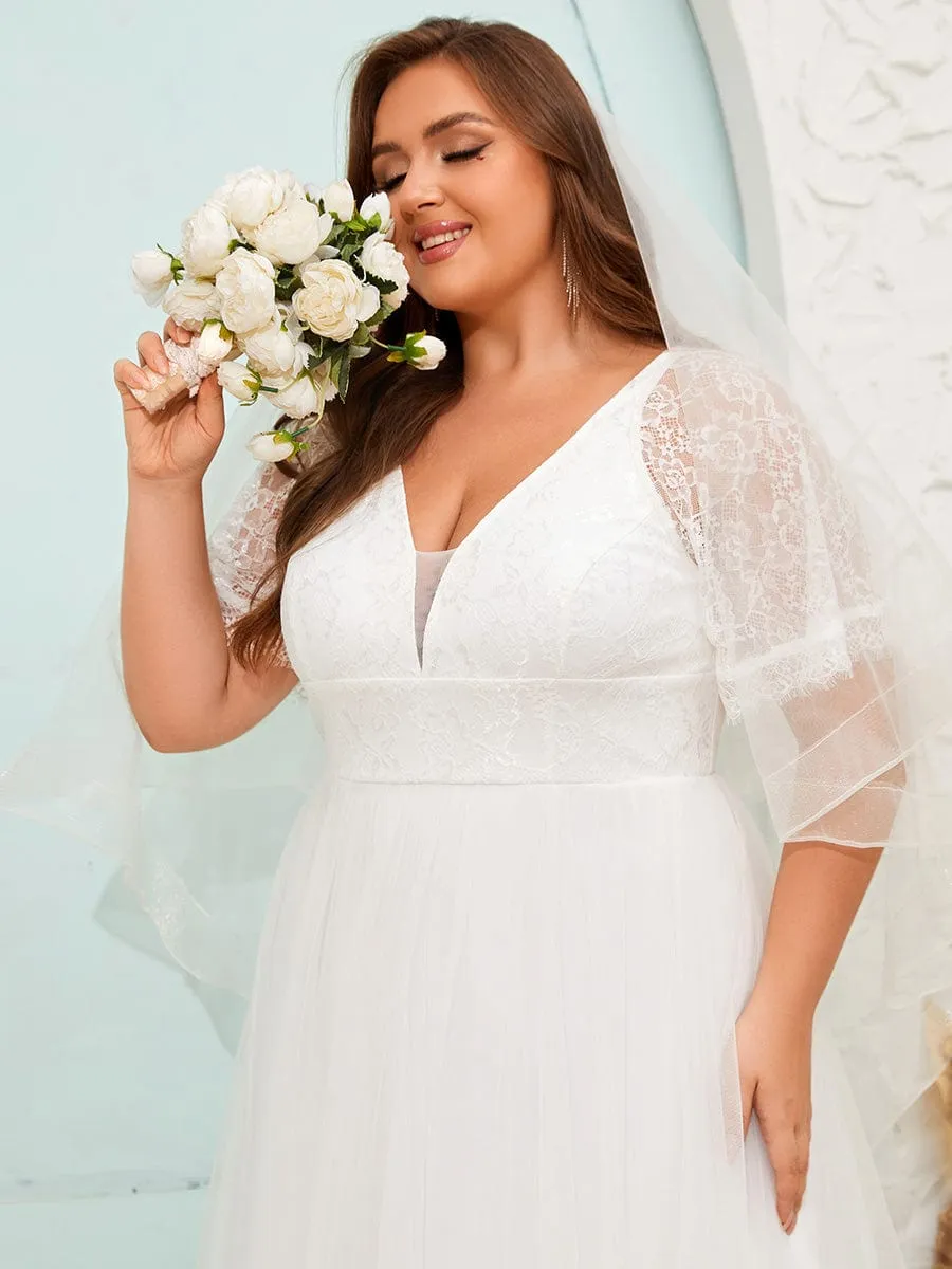 Dreamy Plus Size V-Neck Lace Short Sleeves Tulle Wedding Dresses