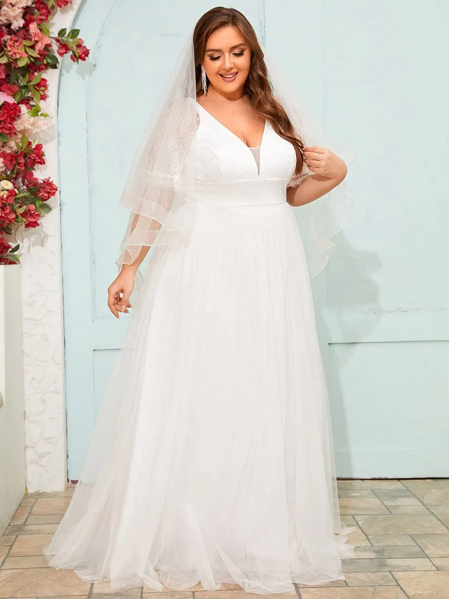 Dreamy Plus Size V-Neck Lace Short Sleeves Tulle Wedding Dresses