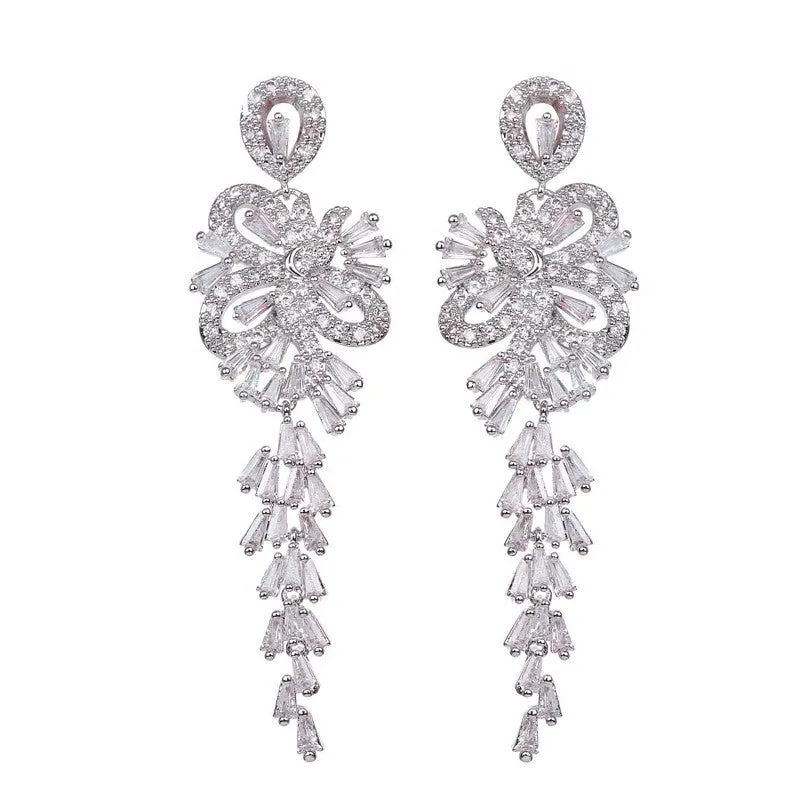 Elegant AAA CZ Clear Crystal Dangle Wedding Party Earrings