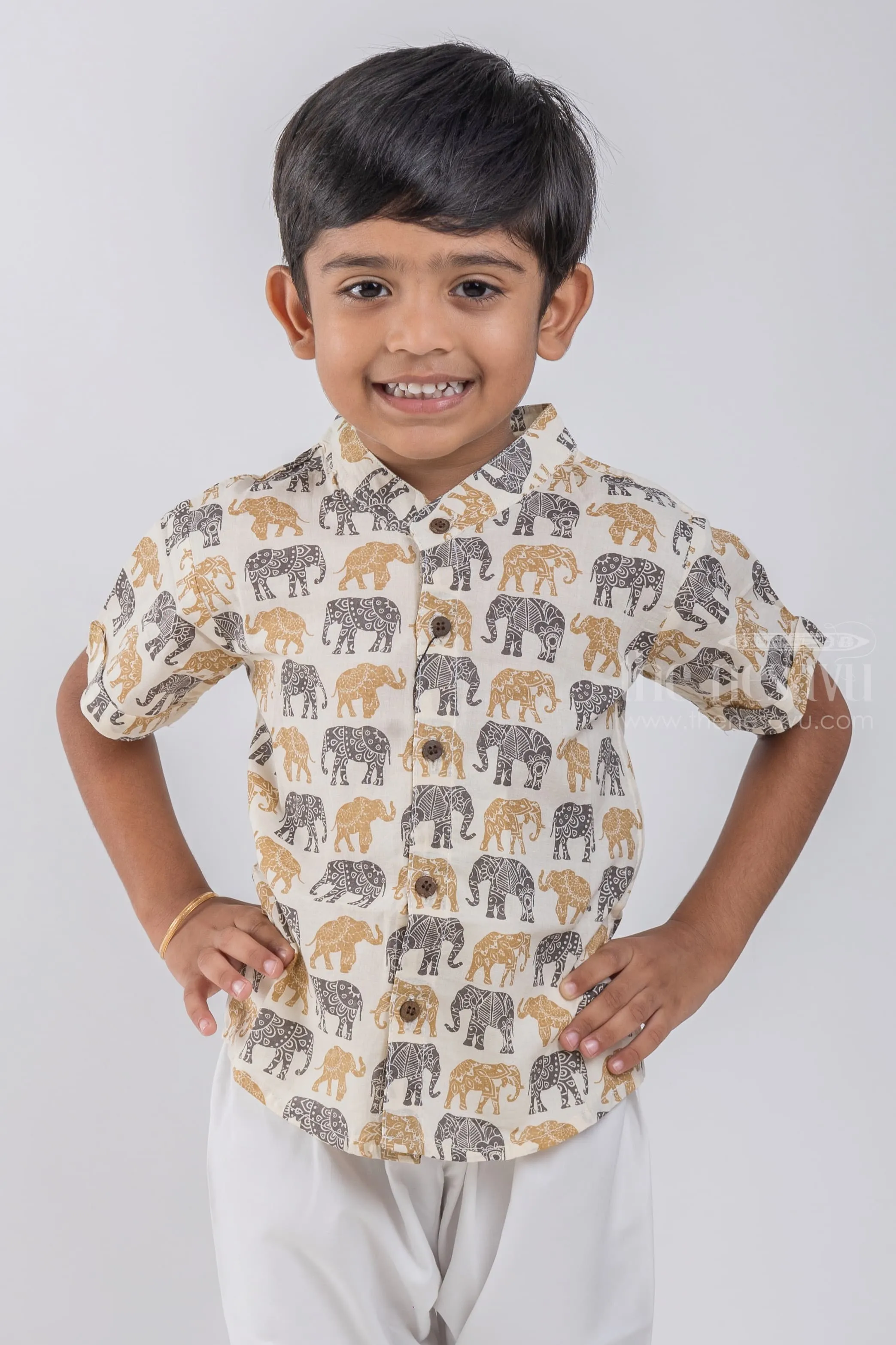 Elegant Elephant Design Printed Half White Cotton Shirt for Boys