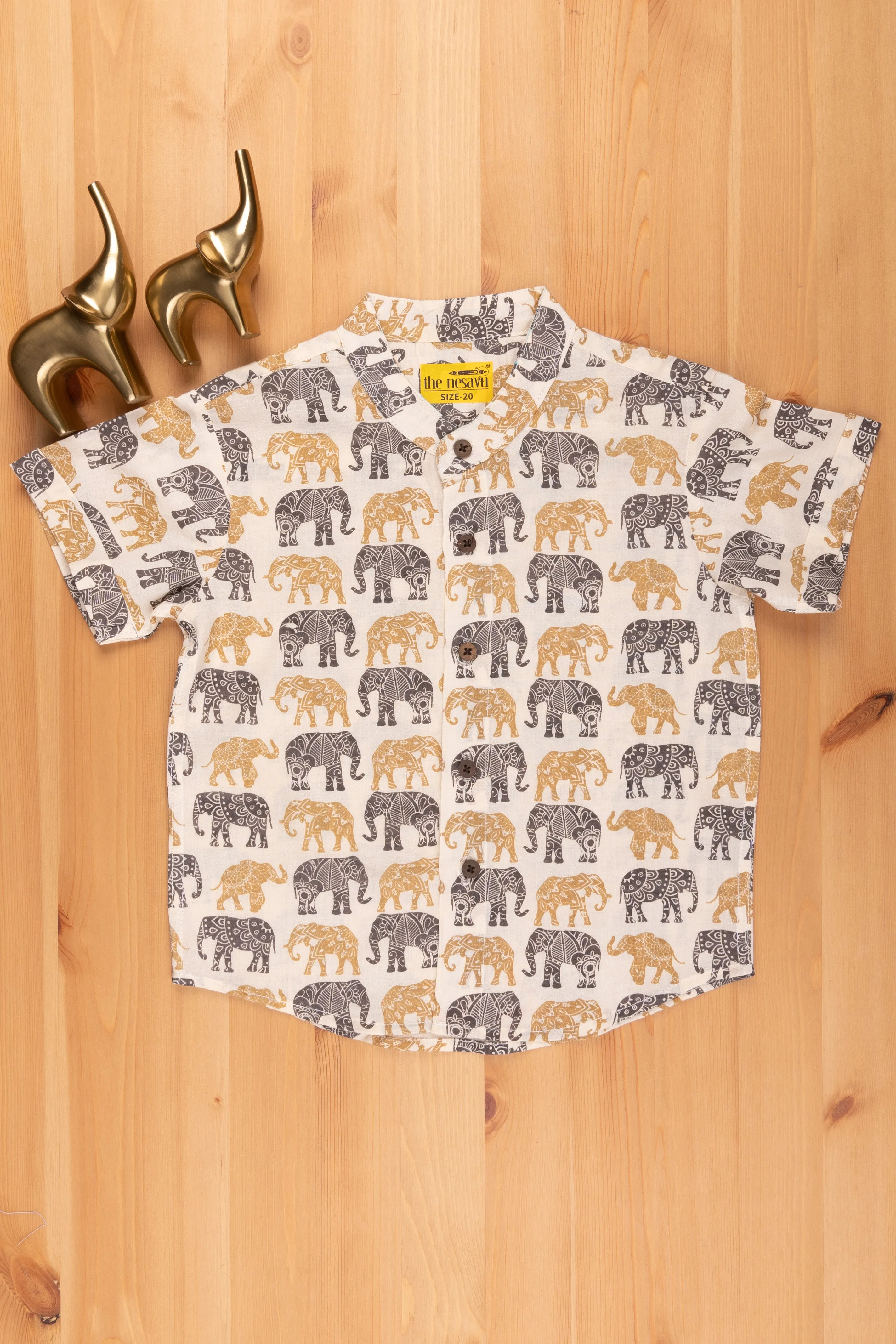 Elegant Elephant Design Printed Half White Cotton Shirt for Boys