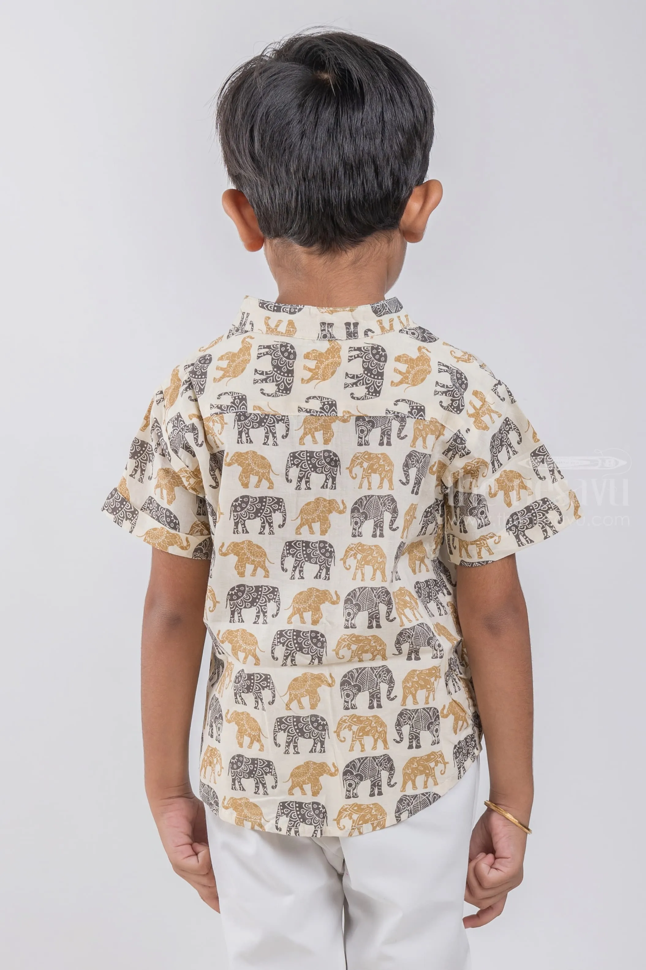 Elegant Elephant Design Printed Half White Cotton Shirt for Boys