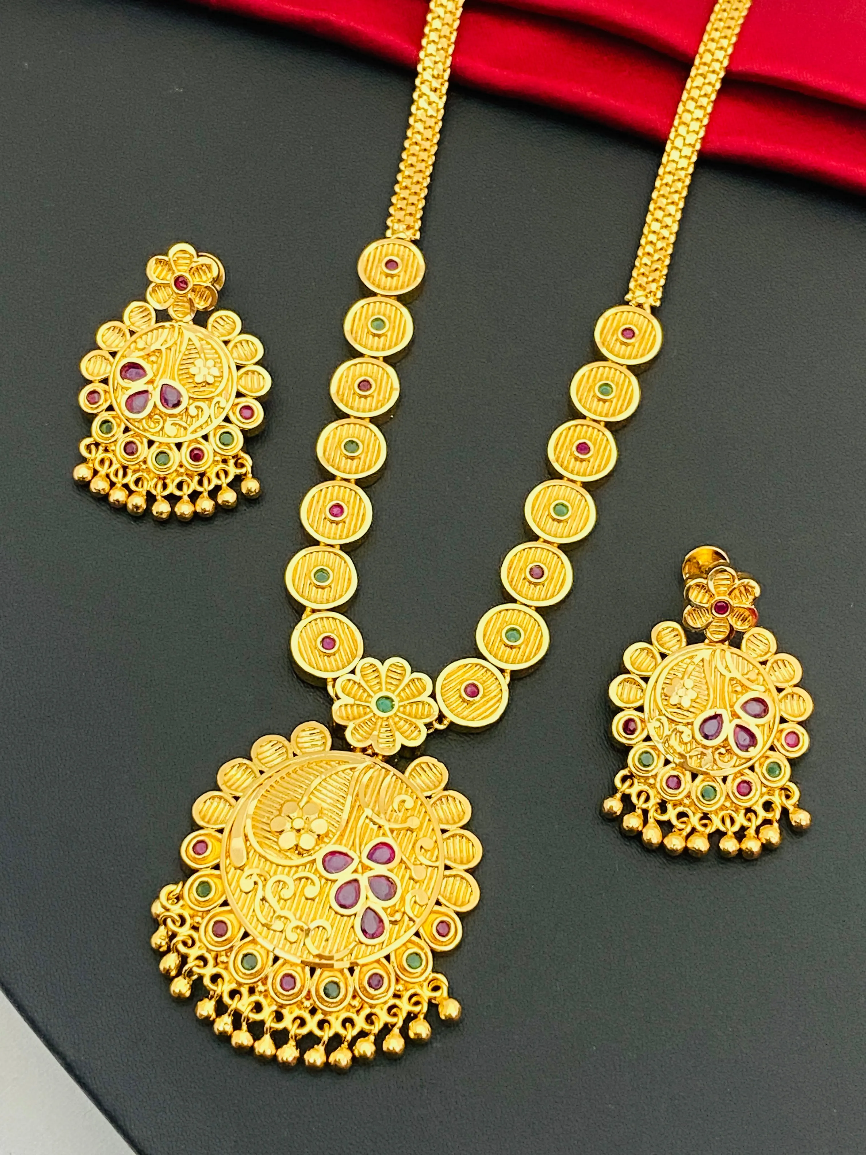 Elegant Gold Plated Multi Color Necklace With Earrings Sets