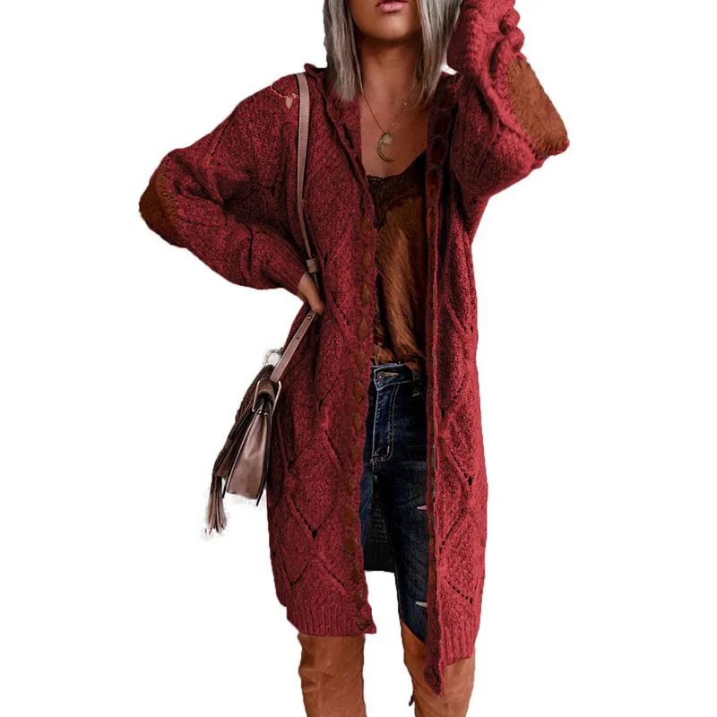 Elegant Hollow Out Braided Long Cardigan Sweater Coat With Hood