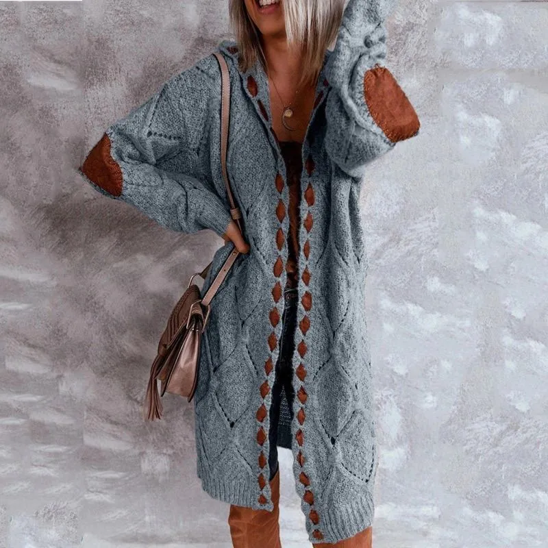 Elegant Hollow Out Braided Long Cardigan Sweater Coat With Hood