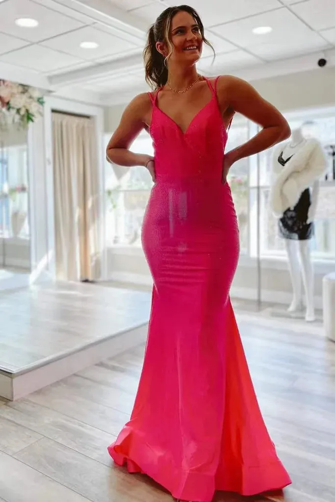 Elegant Hot Pink Mermaid V Neck Long Prom Dress, Backless Sleeveless Formal Dresses SH555