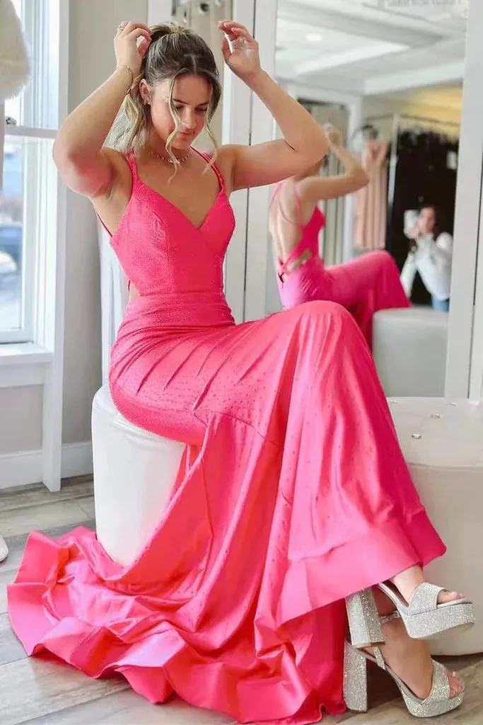 Elegant Hot Pink Mermaid V Neck Long Prom Dress, Backless Sleeveless Formal Dresses SH555