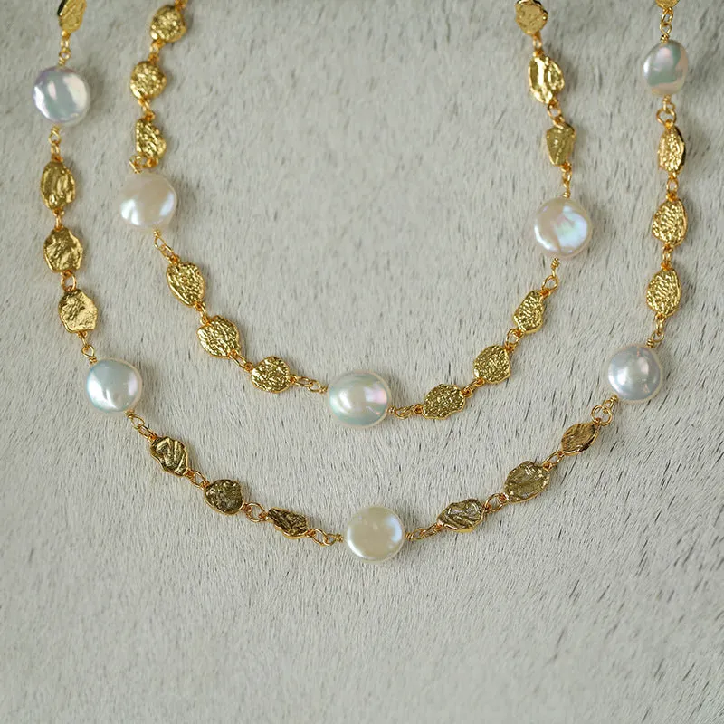 Elegant Irregular Gold Coin & Pearl Drop Necklace