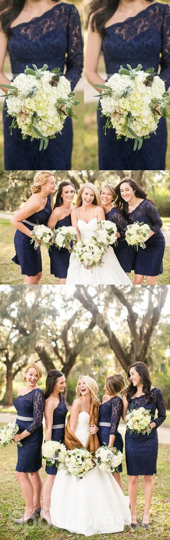 Elegant One Shoulder Long Sleeve Lace Navy Blue Bridesmaid Dresses, WG128