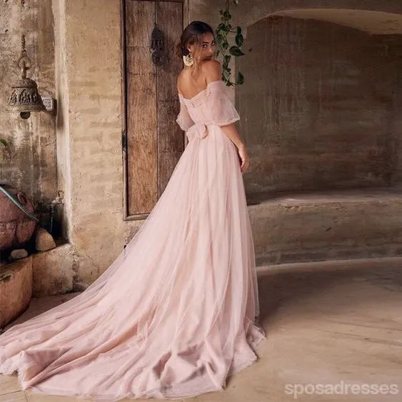 Elegant Pink A-line Short Sleeves Off Shoulder Maxi Long Prom Dresses,13269