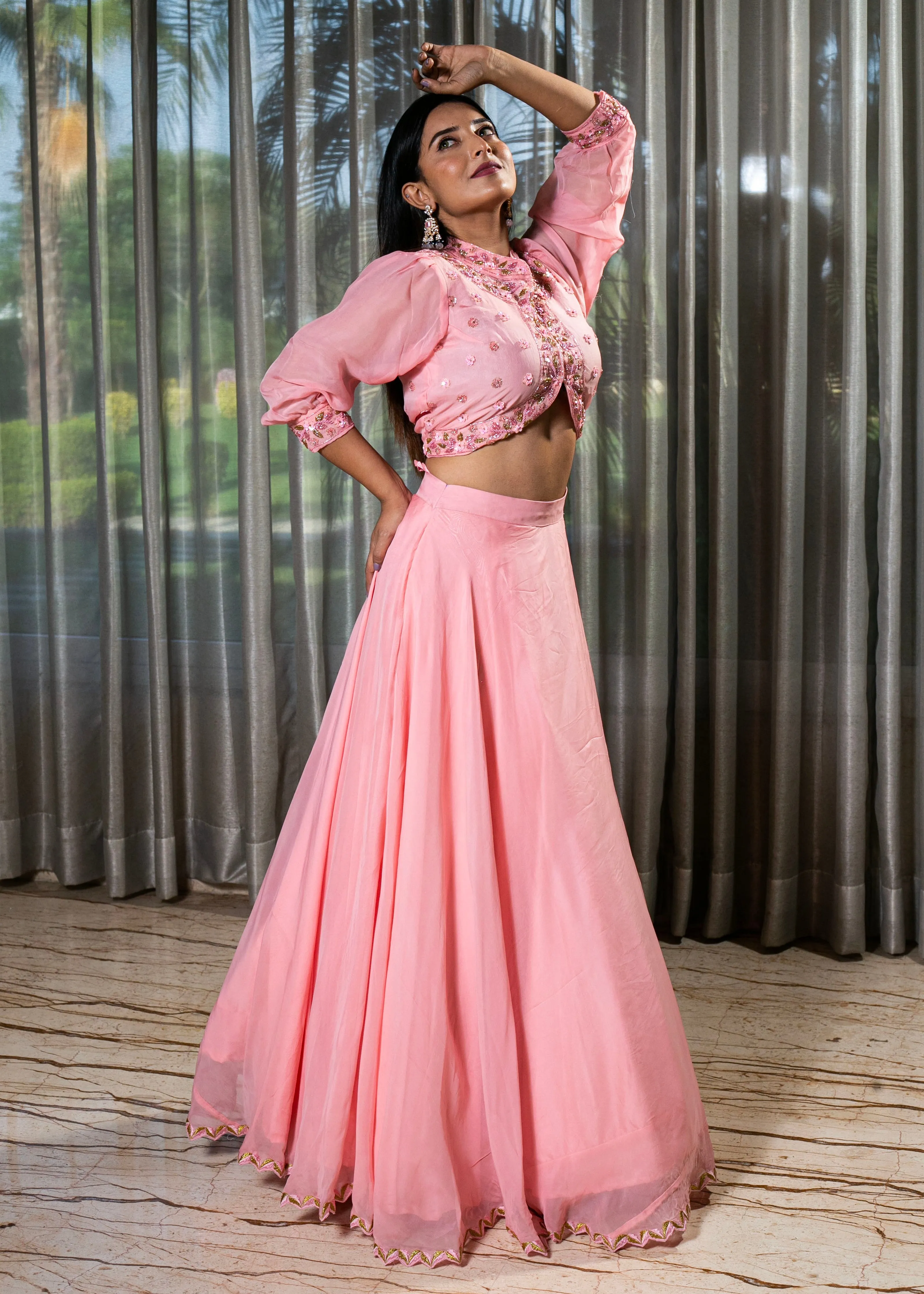 Elegant Pink Organza Lehenga with Crystal and Beadwork