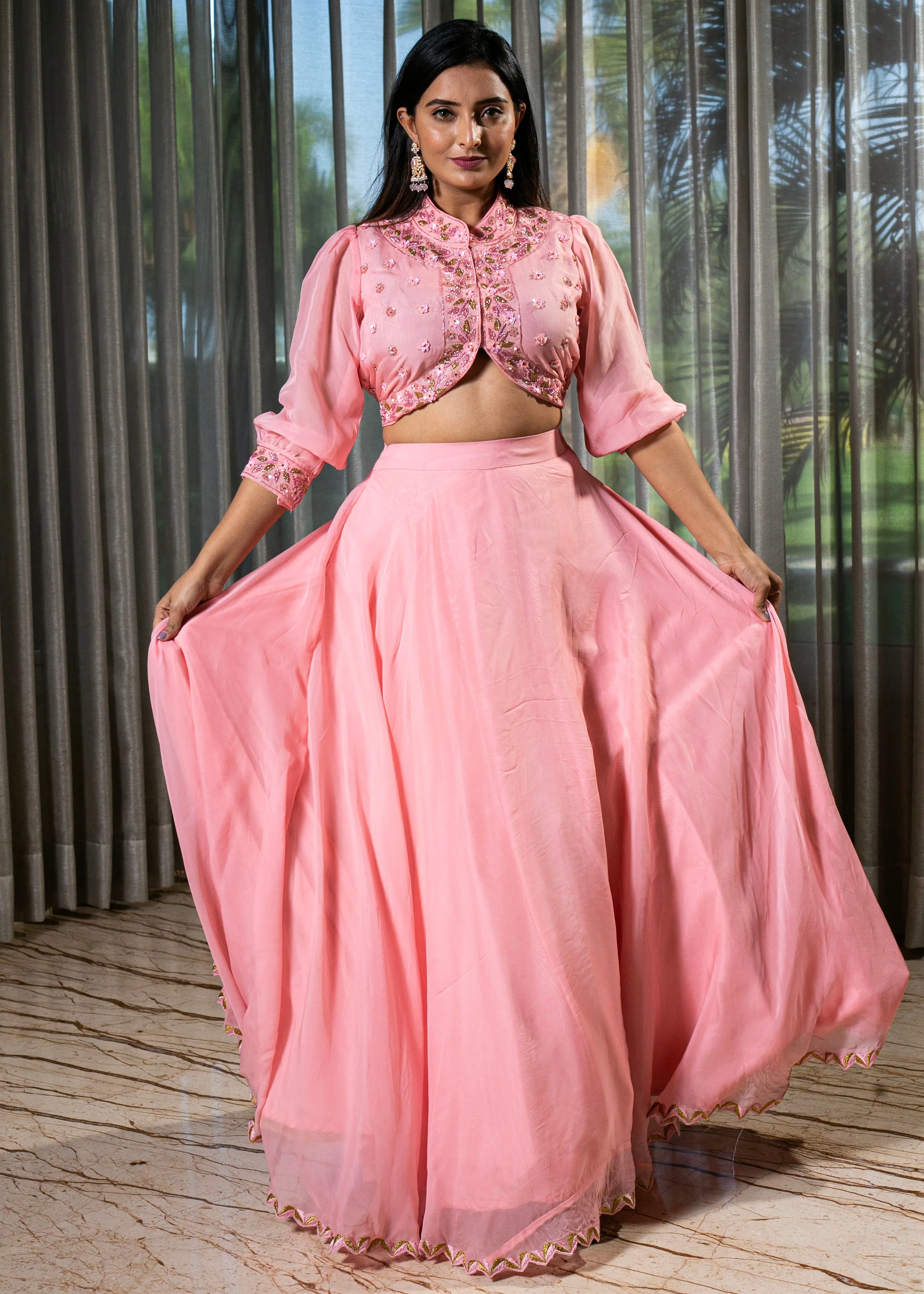 Elegant Pink Organza Lehenga with Crystal and Beadwork