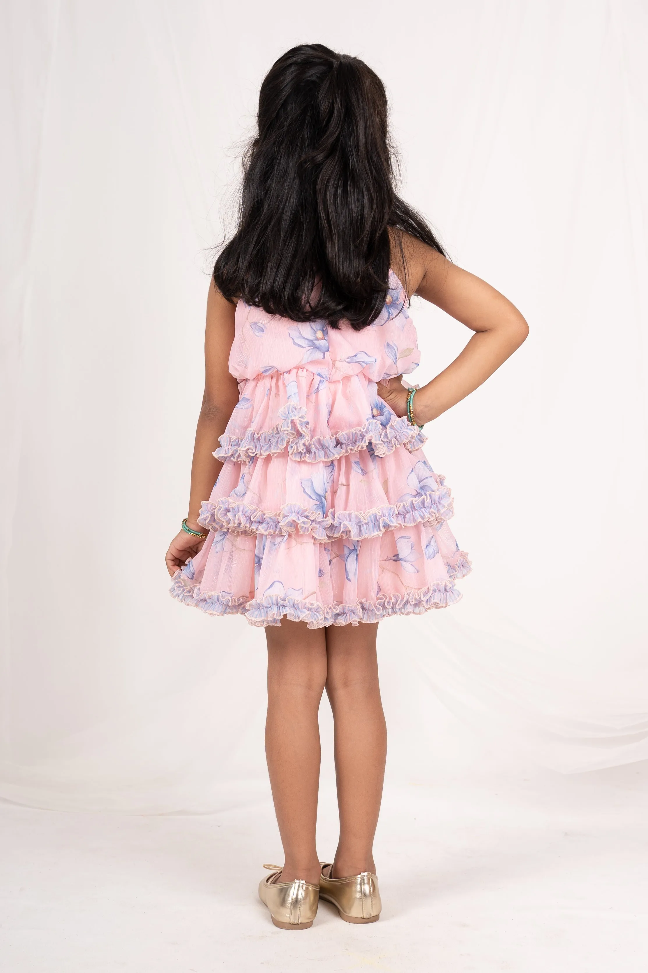 Elegant Ruffle Ended Floral Crepe Cotton Frock With Embellishments