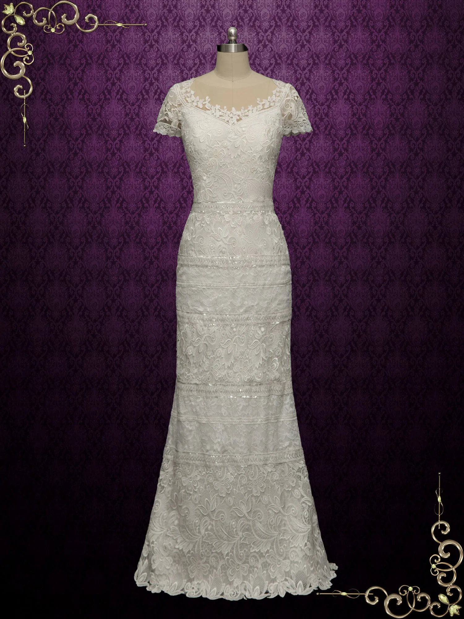 Elegant Slim Lace Wedding Dress With Illusion Neckline GIANA