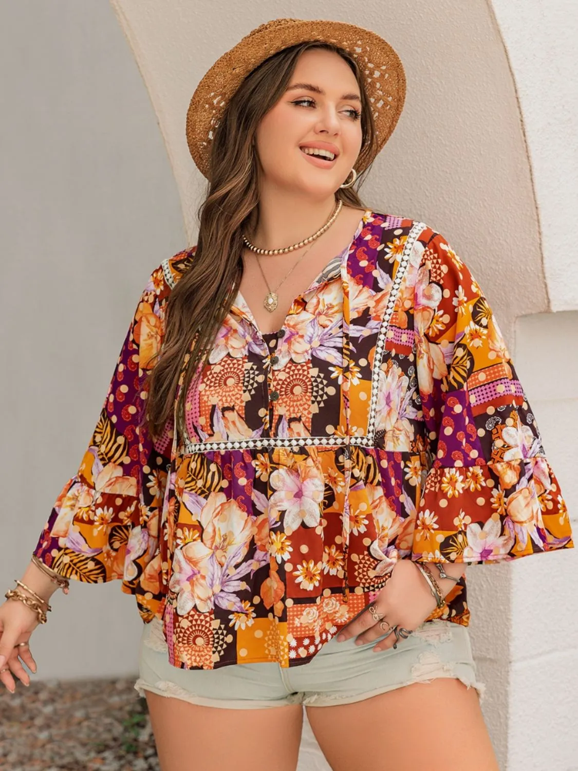 Elegant Tangerine Tie Neck Blouse Shirt (XL - 4X)