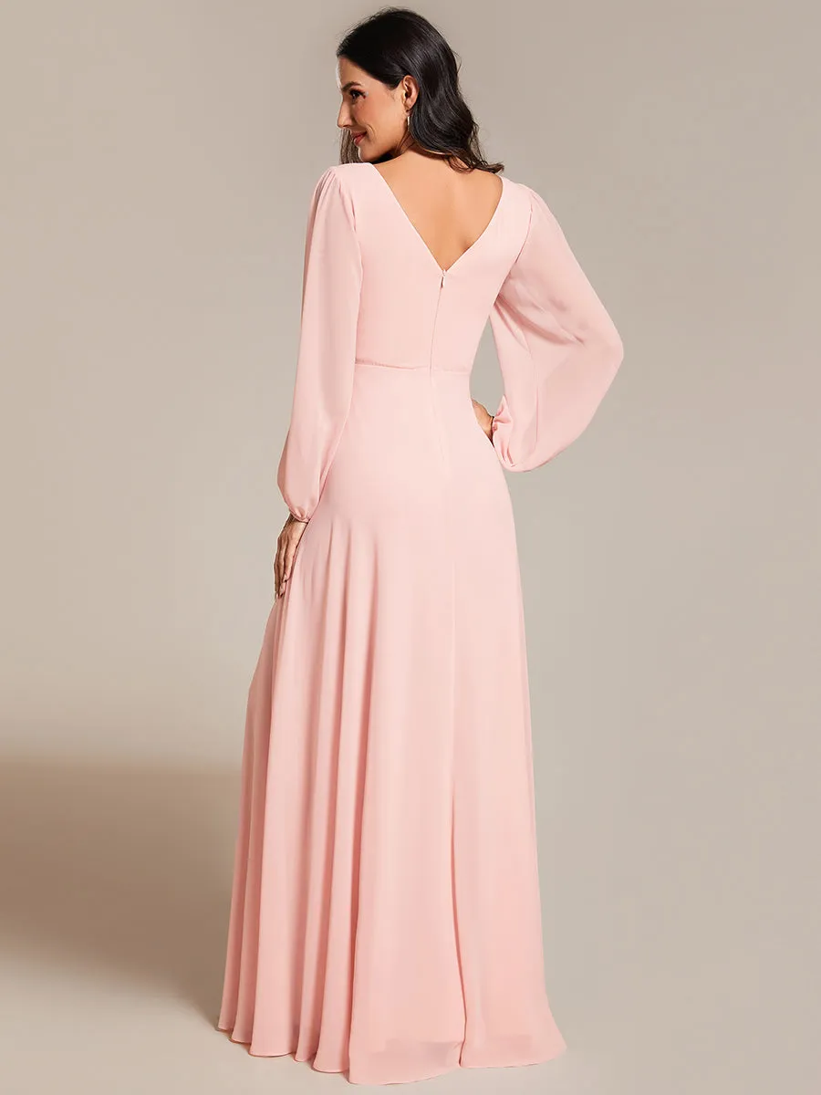 Elegant waisted chiffon V-neck long sleeve guest dress wholesale