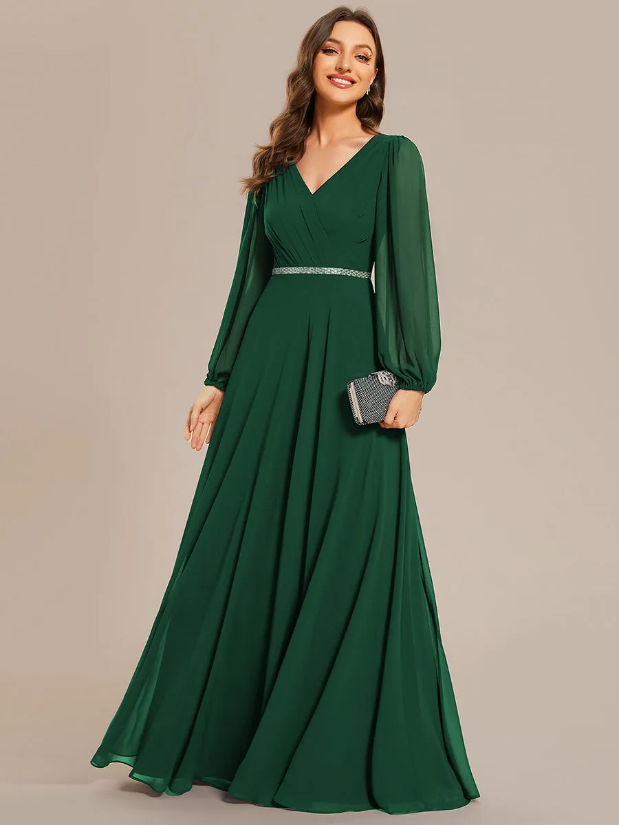 Elegant waisted chiffon V-neck long sleeve guest dress wholesale